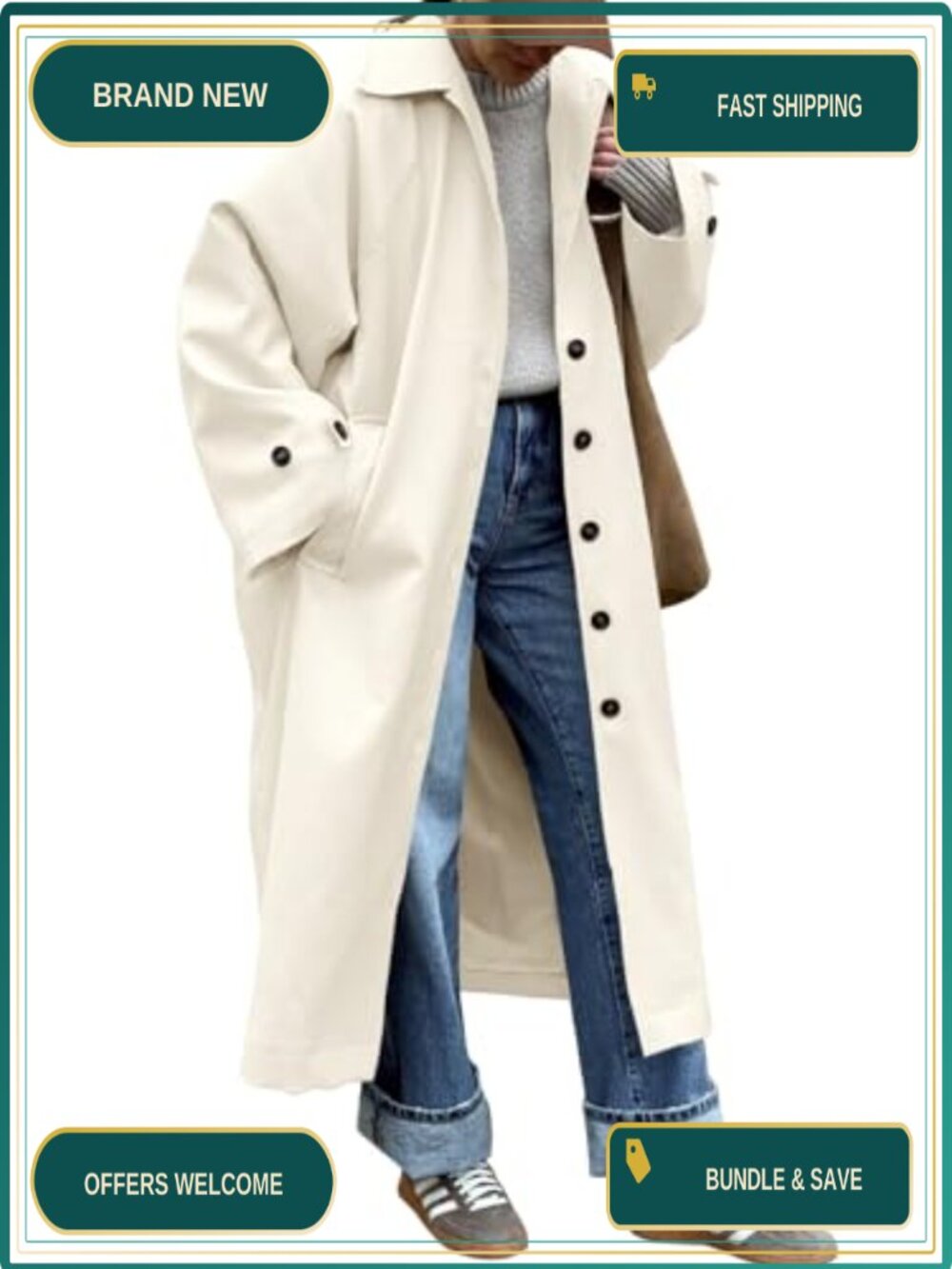 Womens Oversized Single Breasted Trench Coat Windproof Classic Fall Overcoat